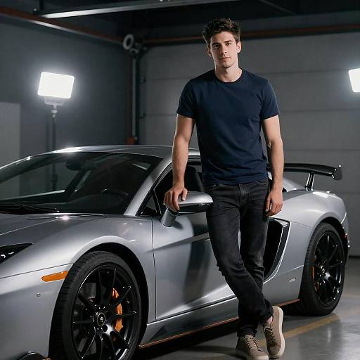Young Man Beside Silver Sports Car