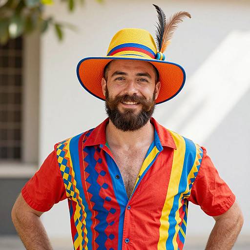 Photograph of a smiling bearded man with a colorful hat, red shirt, and vibrant striped vest, standing outdoors.