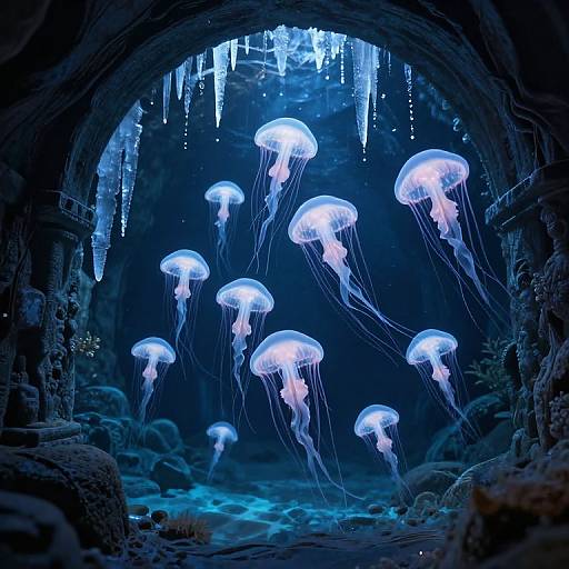 Photograph of glowing blue jellyfish floating in a dark, cavernous underwater cave with icicles hanging from the ceiling.