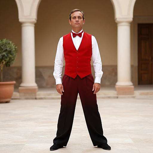 Photograph of a man with short brown hair, wearing a white shirt, red vest, black bow tie, and black pants, standing in front of