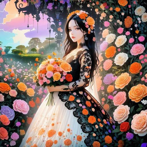 Romantic Fantasy Garden Scene with Flowers