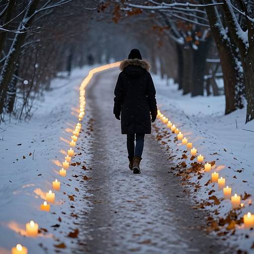 Photograph: Snow-covered path illuminated by rows of glowing candles, leading to a solitary figure in a black winter coat, walking away under a leafless