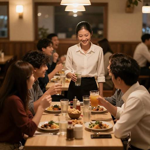Waitress Serving Drinks in Busy Restaurant
