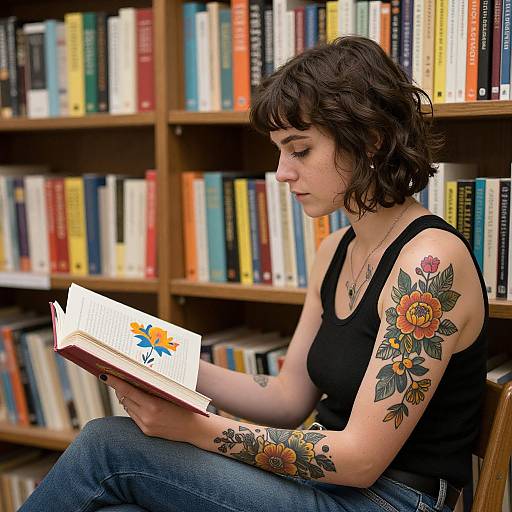 Photograph of a tattooed, short-haired woman in a black tank top and jeans, reading a book in a colorful library.