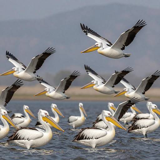 Dramatic Pelican Flock Over Mountains