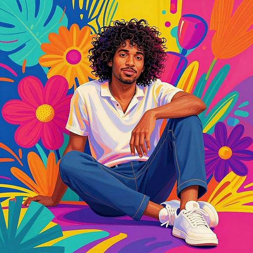 Digital illustration of a curly-haired Black man in a white polo and blue jeans, sitting against a vibrant, colorful floral background.