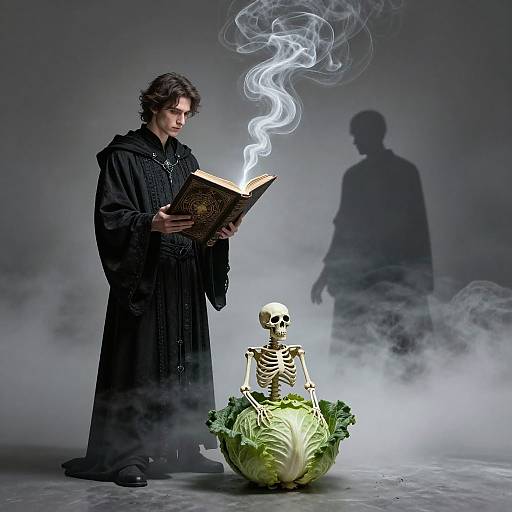 Photograph of a dark-haired man in black robe reading a book emitting smoke, with a skeletal figure on a cabbage, shadowy silhouette in the background