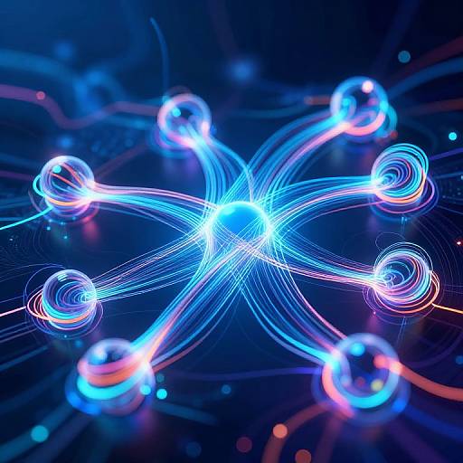 Digital art of neon blue and pink light trails forming a starburst pattern with glowing spheres, set against a dark blue background.