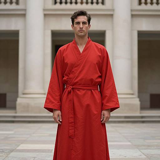 Photograph of a serious-looking man with short dark hair, wearing a vibrant red, long-sleeved kimono, standing in front of a classical