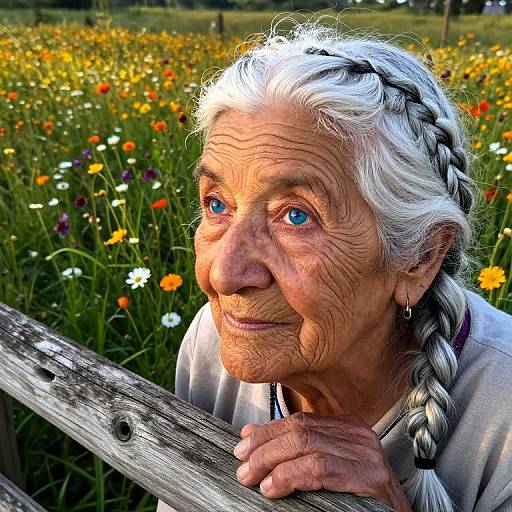 Photograph of an elderly woman with white braided hair, blue eyes, and deep wrinkles, leaning on a wooden fence in a vibrant flower field.