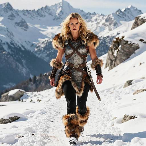 Female Warrior in Fur-Trimmed Medieval Armor Walking in Snowy Mountains