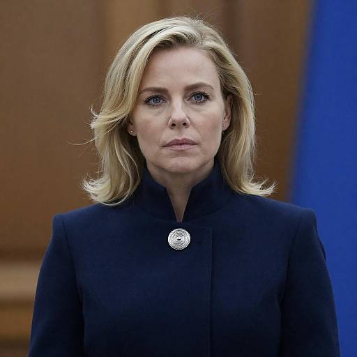 Serious Blonde Woman in Blue Coat