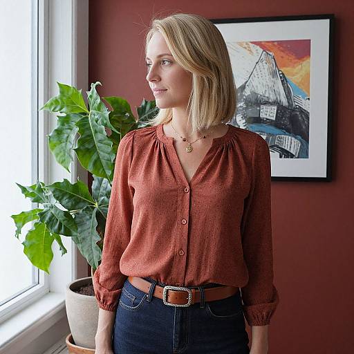 Blonde Woman by Window with Plant