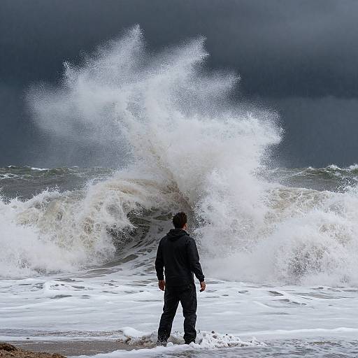 Photograph of a man in a black jacket standing on a stormy beach, facing massive, white-capped waves crashing against the shore under a dark