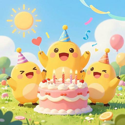 Cute, yellow, chubby, cartoon chicks in party hats cheer around a pink birthday cake with candles in a sunny, colorful meadow.