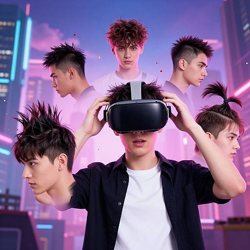 Digital artwork of six young men with spiky hair, wearing white shirts and black jackets, in a neon-lit cityscape, with one in a