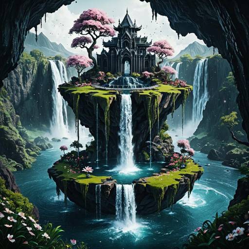 Floating Island with Waterfalls and Dark Fantasy Castle