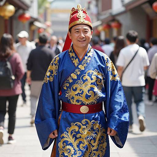 Photograph of an Asian man in a blue, gold-embroidered traditional Chinese robe, red hat, and red sash, smiling on a