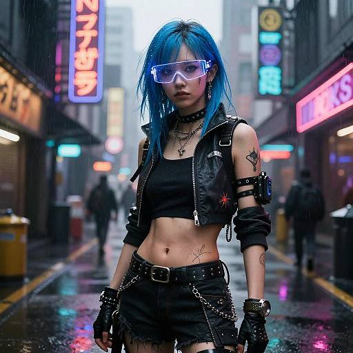 Cyberpunk street scene: Blue-haired woman with neon goggles, black crop top, leather jacket, and shorts, standing in rain-soaked alley with