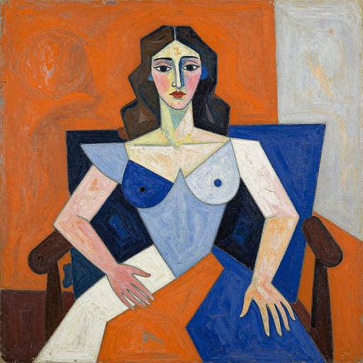 Fauvist painting of a pale-skinned woman with black hair, wearing a white and blue dress, seated against an orange and white background.