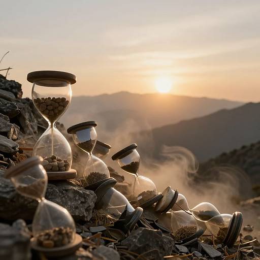 Photograph of broken hourglasses with sand, scattered on rocky hillside at sunset, with a glowing sun and misty mountain background.