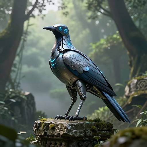 Majestic Robotic Bird in Misty Ruins