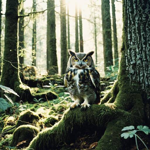 Great Horned Owl Perched in Mossy Forest