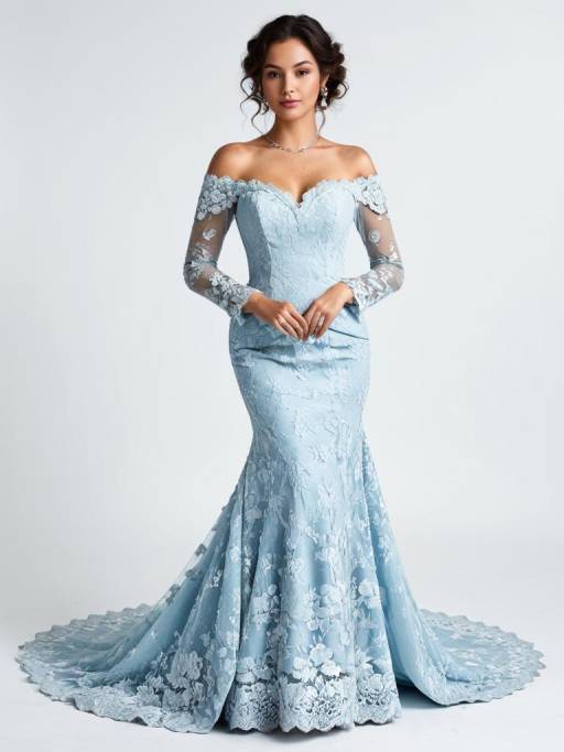 Woman in Pale Blue Lace Mermaid Gown