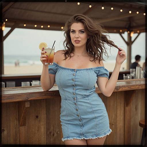Photograph of a brunette woman with wavy hair, wearing a blue off-shoulder denim dress, holding a drink with a straw, standing at
