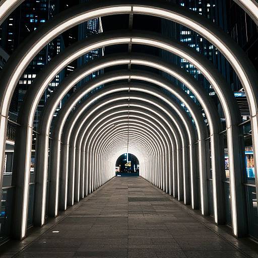 Photograph of a futuristic, illuminated tunnel with concentric white arch lights, leading to a bright, distant opening, surrounded by high-rise buildings.