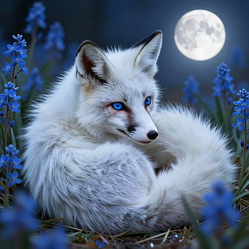 Surreal White Fox in Blue Flowers