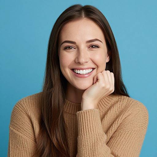 Photograph of a smiling young woman with long dark brown hair, wearing a beige knit sweater, against a bright blue background. She rests her chin on