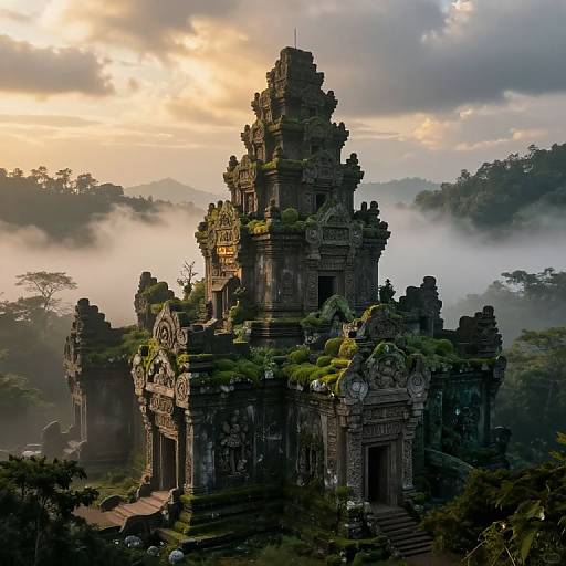 Photograph of a majestic, ancient, moss-covered temple with intricate carvings, towering above a misty, lush forest at dawn, illuminated by