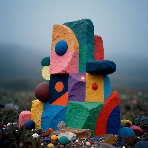 Photograph of a colorful, abstract, geometric sculpture with textured, multi-colored blocks and spheres, set against a foggy, mountainous background.