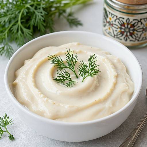 Photograph of creamy white dip in a white bowl, garnished with fresh dill, next to a decorative spice jar and green herbs.