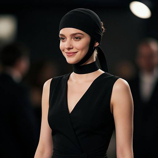 Photograph of a fair-skinned, slender woman with dark eyes, wearing a black headscarf, sleeveless black V-neck dress, and black