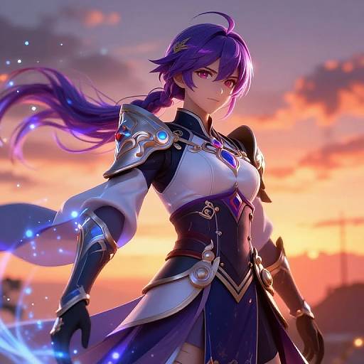 Digital anime-style artwork of a purple-haired, purple-eyed female warrior in ornate armor, standing confidently against a vibrant sunset sky.
