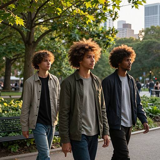 Photograph of three young men with curly afros walking in a sunlit park; they wear casual jackets and jeans, greenery and cityscape in