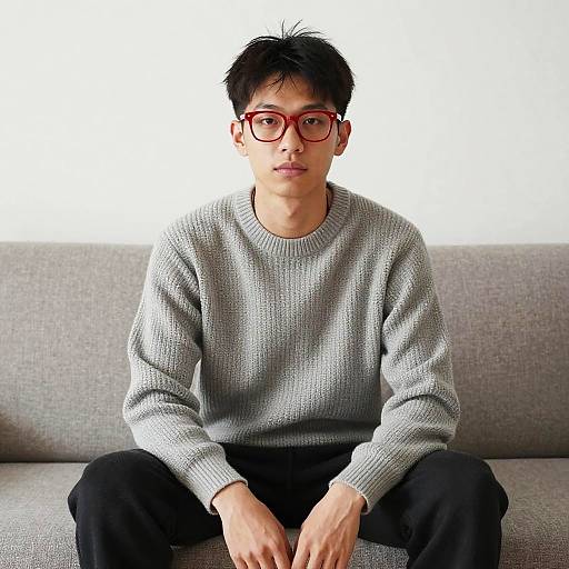 Young Man Sitting on Couch Wearing Red Glasses