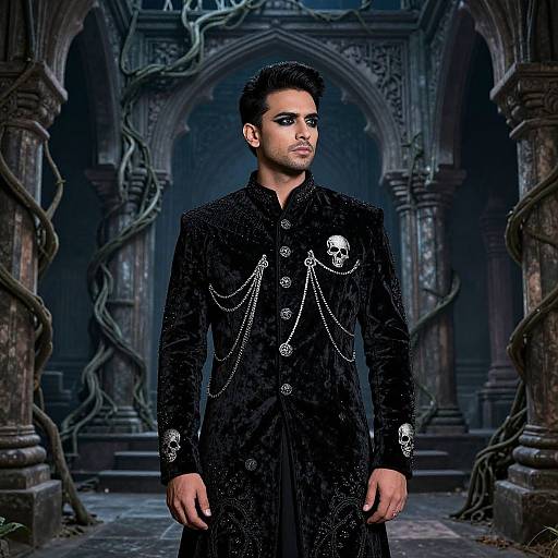 Photograph of a dark-haired man in a black velvet coat adorned with skull and chain details, standing in a gothic, vine-covered archway.