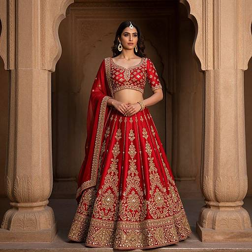 Indian woman in traditional red and gold embroidered lehenga, standing in ornate stone archway, wearing jewelry and bindi, photo.