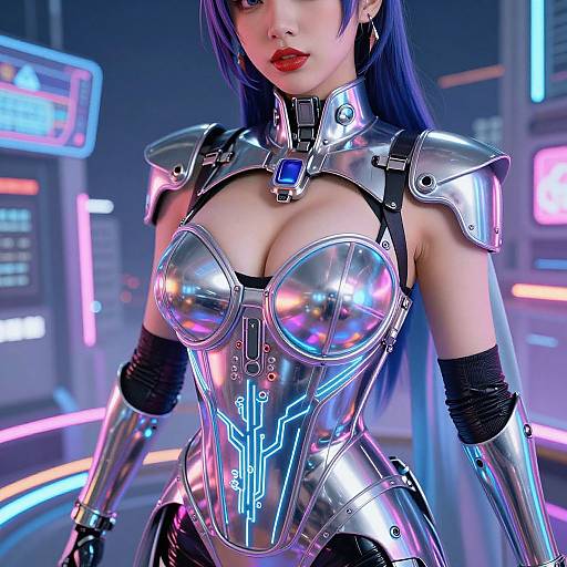 Cyberpunk woman with metallic armor, neon accents, and glowing blue lines, wearing a futuristic collar, in a neon-lit sci-fi setting.