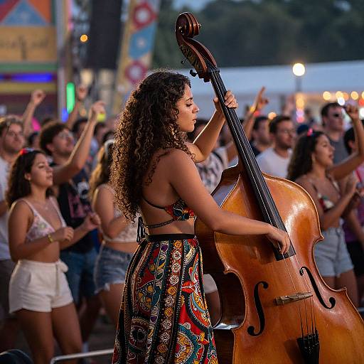 Ethnic Woman Playing Double Bass Live