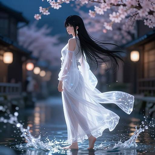 Digital artwork of a beautiful woman with long black hair, wearing a glowing white, flowing dress, standing in a moonlit, cherry blossom-lined canal,