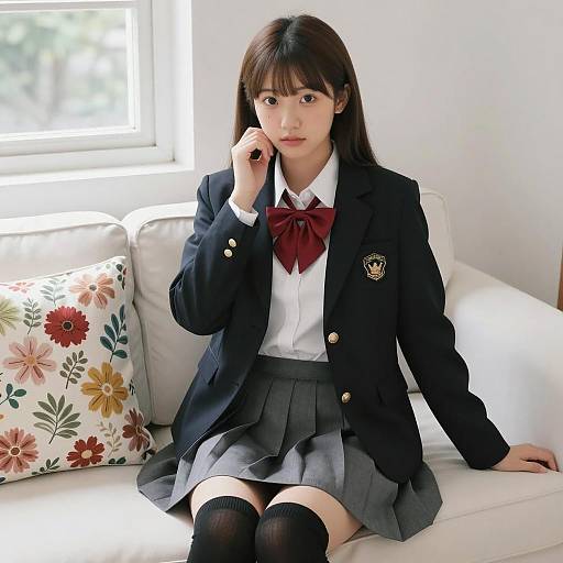 Asian Girl in School Attire by Window