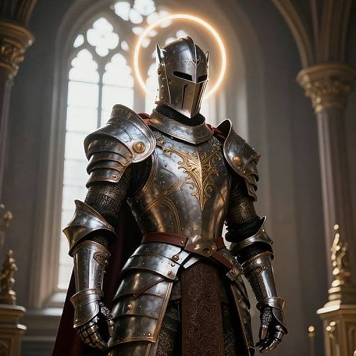 Photorealistic CGI of a medieval knight in polished silver armor with gold leaf designs, standing in a dimly lit cathedral, halo glowing around helmet.