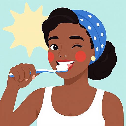 Digital illustration of a smiling, dark-skinned woman with red cheeks, black hair, blue polka-dot headband, white tank top, brushing teeth