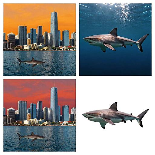 Submerged Cityscapes with Sharks