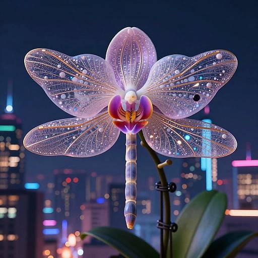 Orchid Resembling Dragonfly in Cyberpunk Cityscape