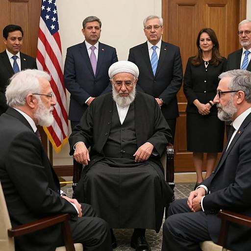 Photograph of a formal meeting: elderly Muslim man in white turban and black robe, seated center, surrounded by six formally dressed men and women in
